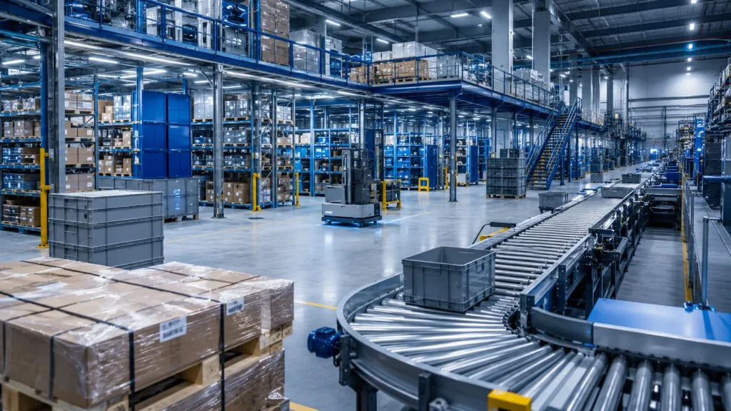 cospro, Soluzioni per Magazzini Automatici: magazzino automatizzato con nastri trasportatori, scaffalature e robot AGV.