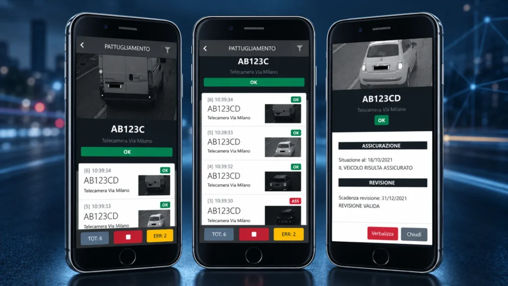 Tre smartphone mostrano l'app cospro, Soluzioni per Magazzini Automatici, per il pattugliamento e controllo targhe veicoli.