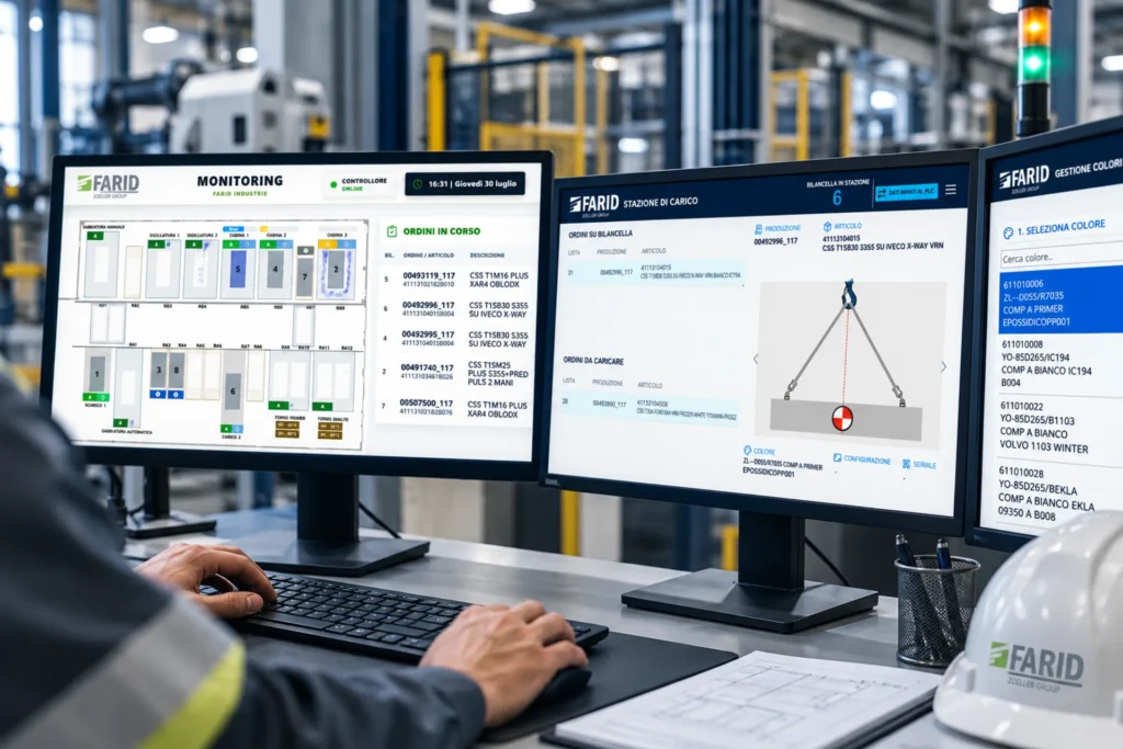 Operatore monitora sistemi cospro, Soluzioni per Magazzini Automatici, su schermi in ambiente industriale, gestendo ordini e produzione.
